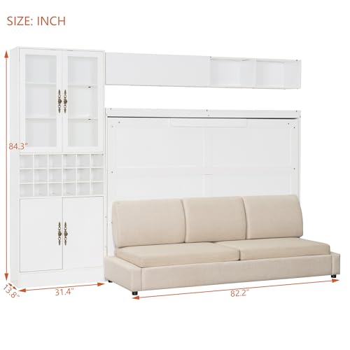 P PURLOVE Queen Murphy Bed with Sofa and Shelves, Wooden Wall Bed with USB and Light, No Box Spring Needed (White)