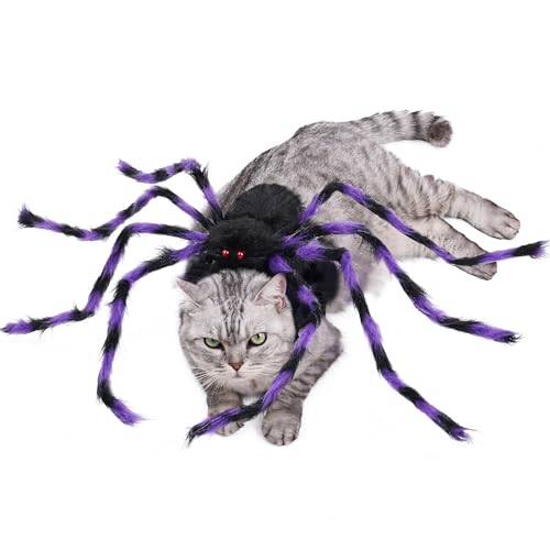 Halloween Spider Costume for Dog Cat, Furry Purple and Black, with 8 Legs, Adjustable Party Decoration, Medium