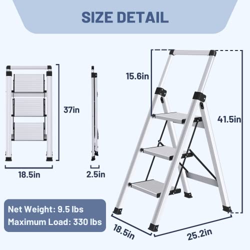 XinSunho 5 Step Ladder, Retractable Handgrip Folding Step Stool with Anti-Slip Wide Pedal, Aluminum Stool Ladders 5 Steps, 330lbs Safety Household Ladder