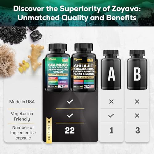 Zoyava Dynamic Vitality Bundle, Sea Moss and Shilajit Bundle, Sea Moss 7000mg, Black Seed Oil 4000mg, Ashwagandha 2000mg, Ginger & Shilajit 9000mg, Rhodiola Rosea 1000mg, Panax Ginseng (2 Pack)