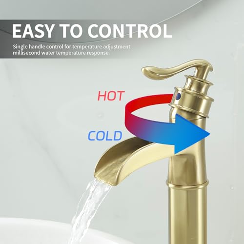 BWE Vessel Sink Faucet Waterfall Matte Black with Pop Up Drain Without Overflow and Supply Lines, Black Sink Faucet Bathroom One Handle Faucets Vanity Bath Mixer Tap