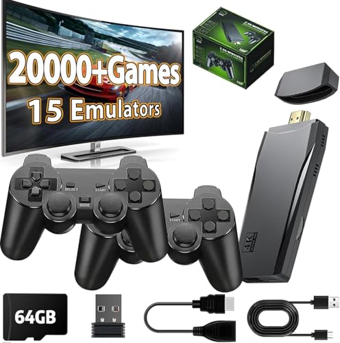Wireless Retro Game Console Stick, Upgrade Retro Video Gaming Stick Built in 20000+ Games with 23 Emulators, 4K HDMI Output with 2 Pack 2.4G Wireless Controllers for Nostalgia Gifts（64GB）