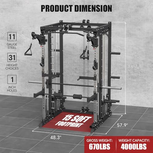Commercial Smith Machine with Smith Bar, 4000LBS Power Cage Squat Rack with Lever Arm, Leg Press, LAT Pull Down System, Multi-Function Linear Bearing Cable Crossover Machine for Home Gym