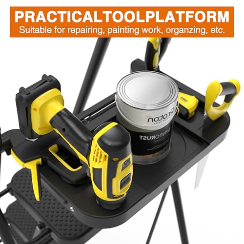 3 Step Ladder, Protable Steel Folding Stool with Wide Anti-Slip Pedal, 500lbs Sturdy Steel Ladder, Black