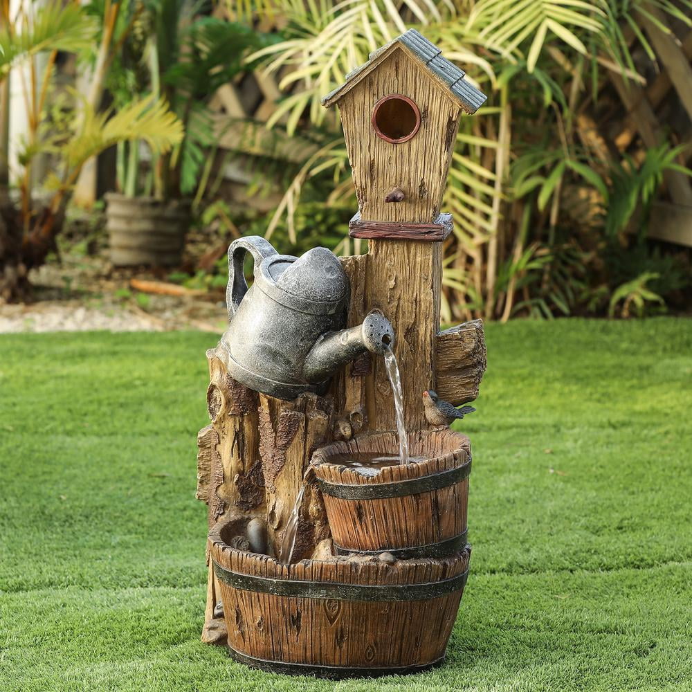 LuxenHome Polyresin Bird House Post and Water Can Patio Fountain