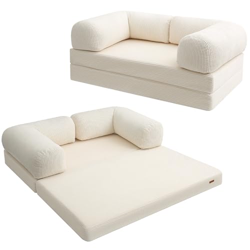 COMAX Folding Sofa Bed Queen, 4-in-1 Foldable Floor Couch Convertible Futon Sofa with Armrests Sleeper Mattress Chair Bed Comfy Portable Fold Out Lounge Guest for Living Room Bedroom, Beige