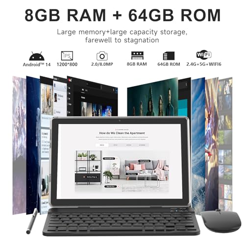 Tablet 10 Inch Android Tablet, 2 in 1 Tablets, Include Keyboard Mouse Case Stylus, 64GB ROM+8GB RAM 1TB expandable 2MP+8MP Dual cameras, 5G WIFI-6 Bluetooth 6000mAh Battery 10.1
