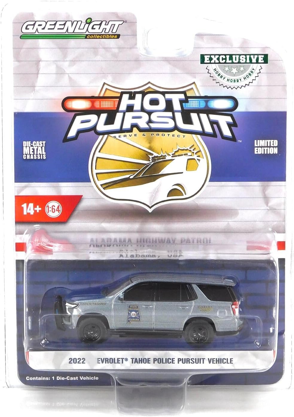 YOMA Greenlight 1:64 Hot Pursuit - 2022 Tahoe Police Pursuit Vehicle - Alabama State Trooper 30468 Die-cast Car Model [Shipping from Canada], Picture