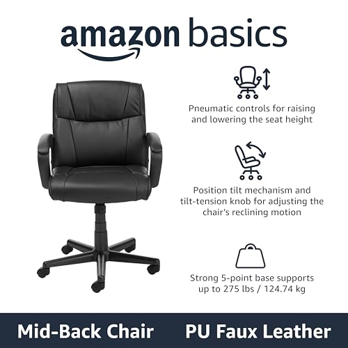 Amazon Basics Office Computer Task Desk Chair with Padded Armrests, Mid-Back, Adjustable, 360 Swivel, Rolling, 275 Pound Capacity, 24.2
