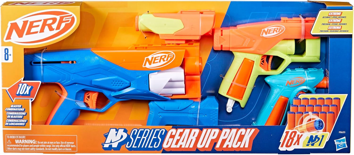 Nerf N Series Gear Up Pack, 3X Blasters, 18 Nerf N1 Darts Compatible Only with Nerf N Series Blasters, Kids Gifts, Outdoor Games, Ages 8+