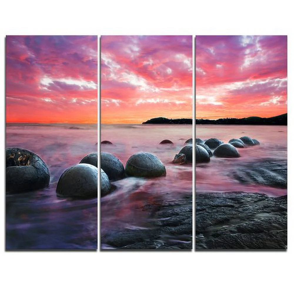 Design Art Moeraki Boulders at Sunset - 3 Piece Graphic Art on Wrapped Canvas Set