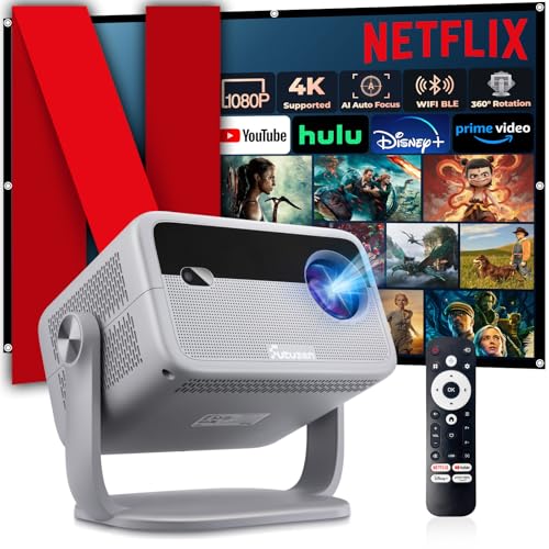【Netflix Officially Licensed & Auto Image Set-up】Smart Projector with WiFi and Bluetooth,600 ANSI Native 1080P Voice Control Outdoor Movie Projector, 360° Rotation 4K Support Projector with Apps