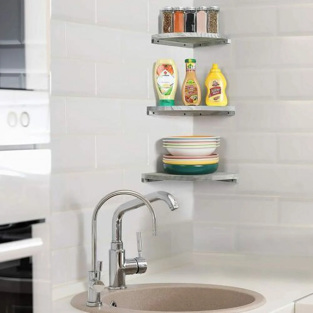 Corner Floating Shelves Wall Mounted Wood Hanging Shelf Rustic WhiteSet of 3