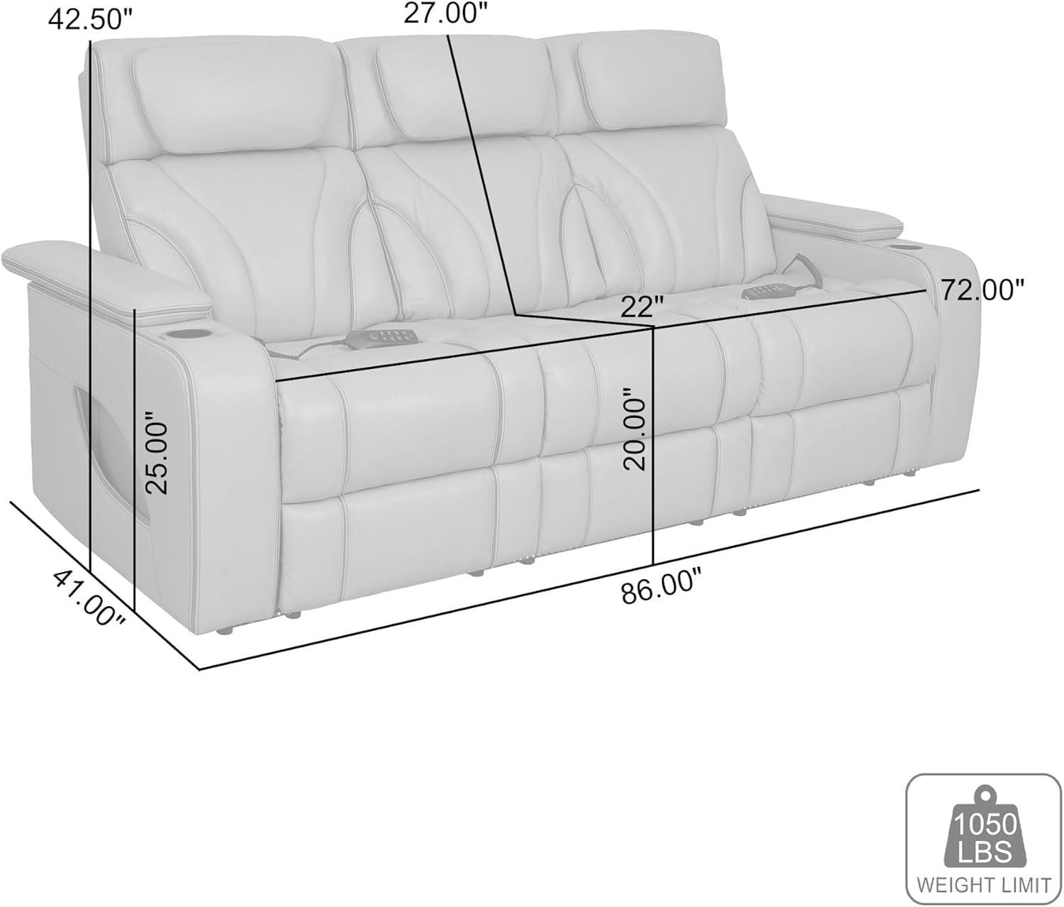 Armen Living Octavia Modern Zero Gravity Power Reclining Heated Massage Sofa, 86