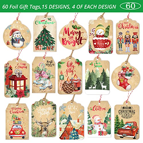 Christmas Gift Tags 60 Count with Untied String (15 Assorted Foil, Printed Designs for Xmas Holiday Present Wrapping)