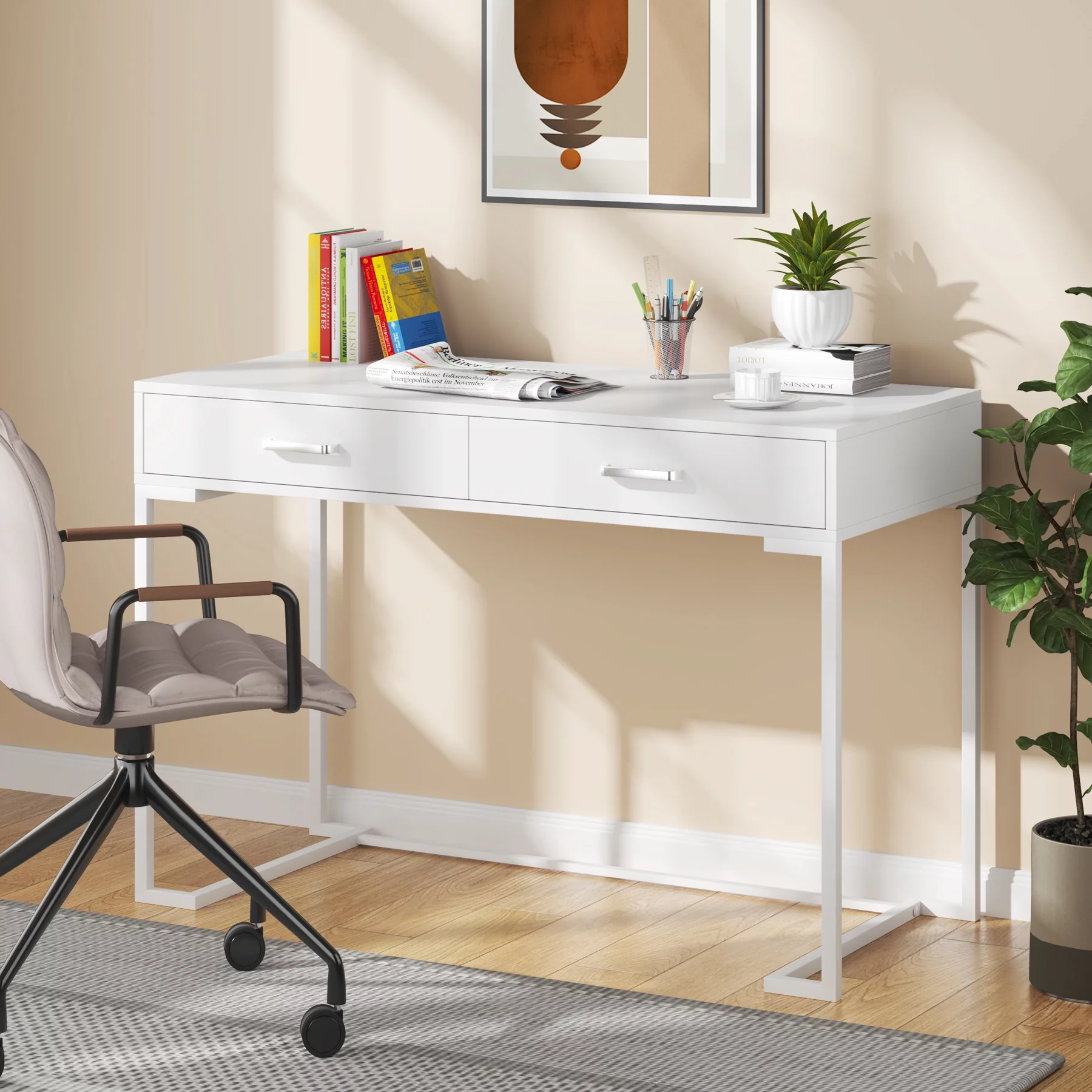 Computer Desk, Home Office Desk Writing Desk Workstation with 2 Storage Drawers, Simple and Modern Vanity Table, Rectangular, White