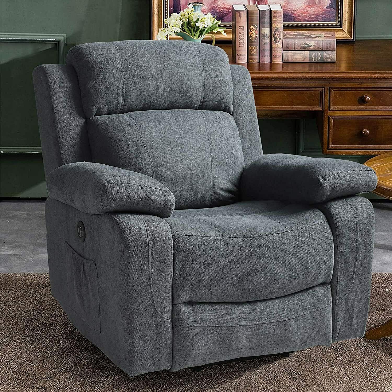 New Grey Linen Fabric Auto Electric Power Lift Massage Vibration Recliner Oversized USB Chair w/Remote Control Sofa Heat Elderly Armchair Foam Sponge Metal 35.43”W x 29.53”D x 40.94”H