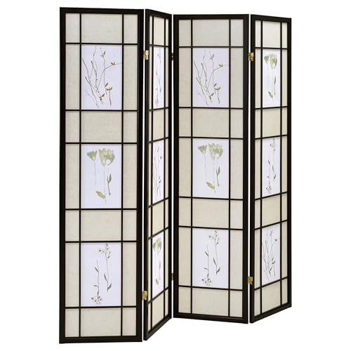 Coaster Home Furnishings - Catabella - Solid Wood - 70-Inch 4-Panel Room Divider Folding Shoji Screen with Beige Fabric Panels and Flandal Detail - Living Room & Bedroom - Black and Beige - 4407
