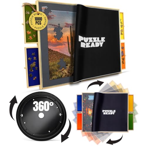 Puzzle Ready Puzzle Board with Drawers & Cover - 1000 Pieces Wooden Jigsaw Puzzle Table Mat with Lazy Susan Spinning Cover & Colorful Sorting Trays for Family - 24”x 30”