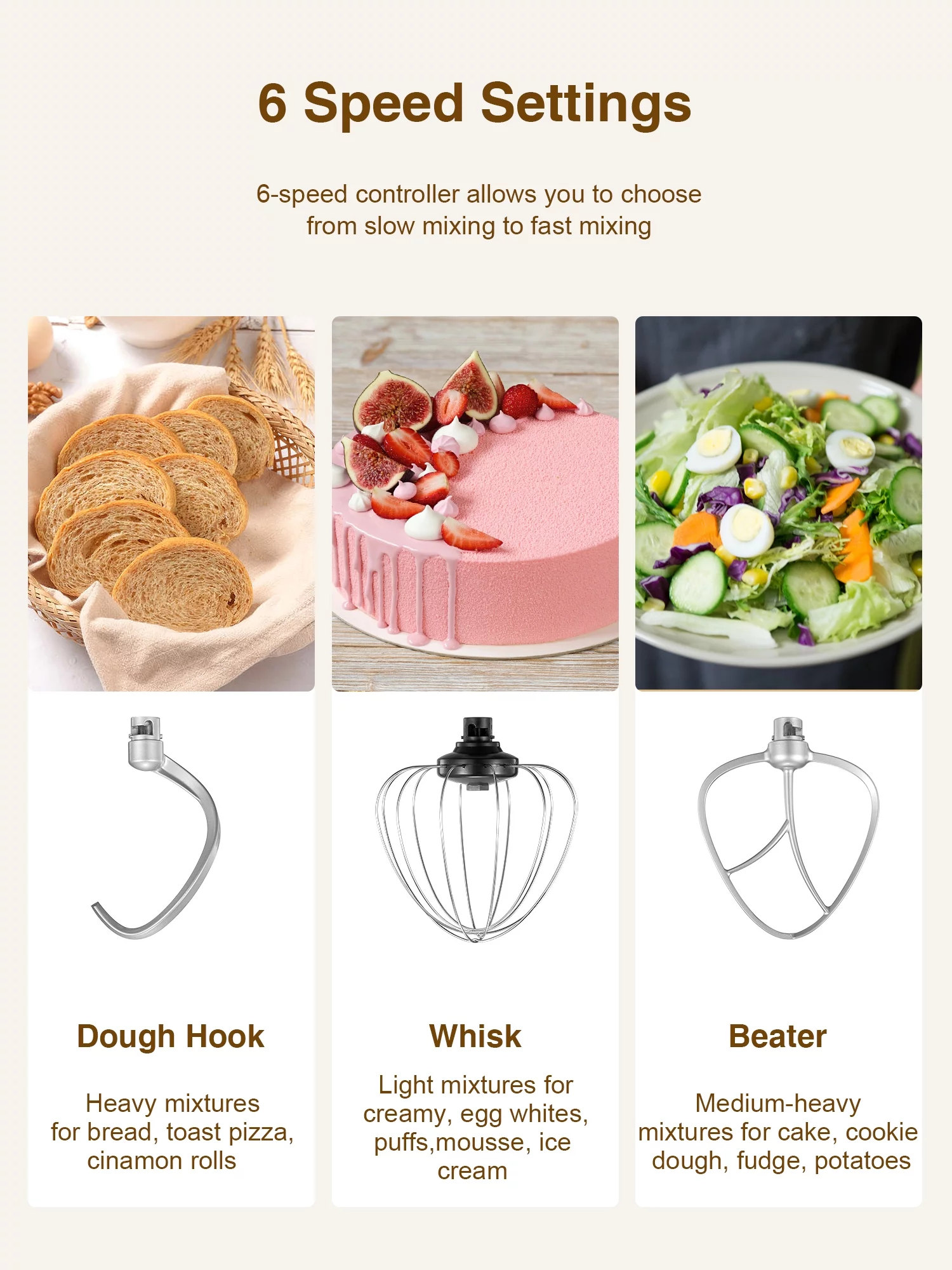 Kealive 5.5QT Tilt-Head Stand Mixer, 6+P Mess-free Kitchen Electric Mixer with Dough Hook, Whisk & Beater, Gold