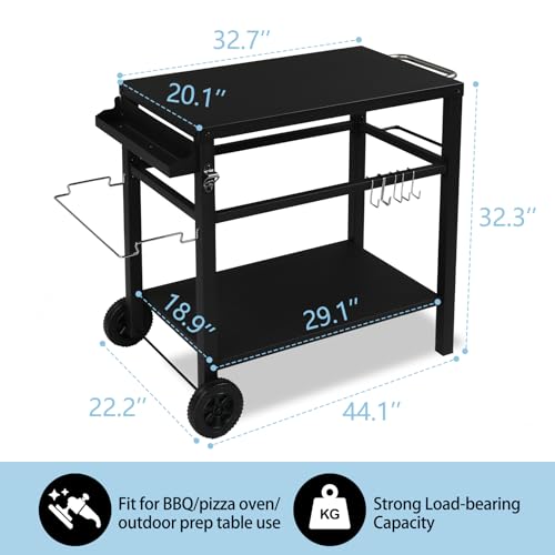 VINGLI Grill Cart Table Oven Pizza Stand with Wheels, 32.7”x 20” Food Prep Worktable with Hooks, Garbage Bag Holder and Spice Rack, Outdoor Indoor Use,BBQ (Metal Top)