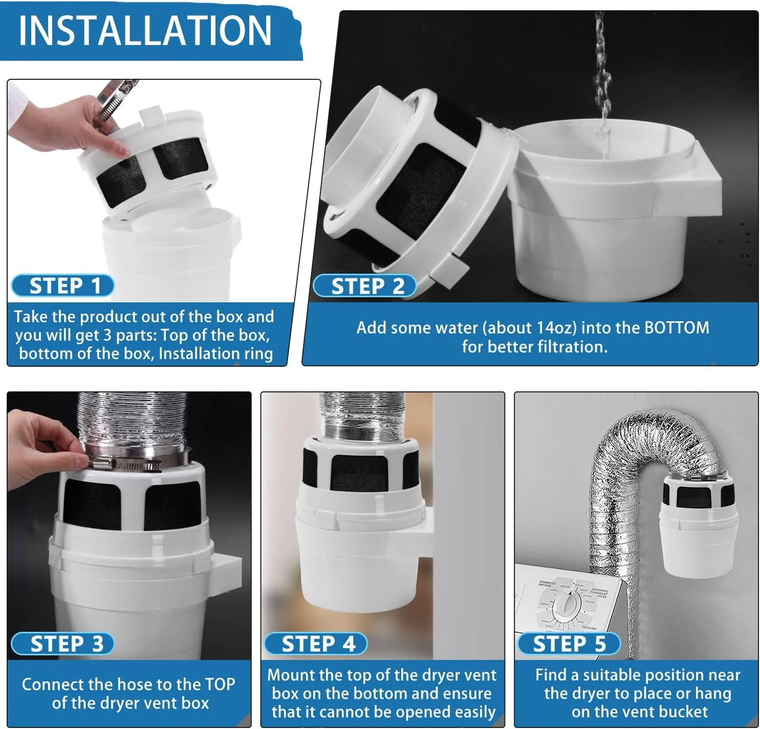 TUOOWO Indoor Dryer Vent Kit Lint Trap Bucket Dryer Vent with 4-Inch by 5-Feet Silver Proflex Duct