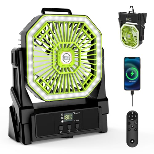 Portable Battery Powered Fan with 4 Lights, 20000mAh Battery Operated Fans with Remote, Outdoor Camping Fan Rechargeable, 4 Speed, 4 Timer for Picnic, Barbecue, Fishing, Home