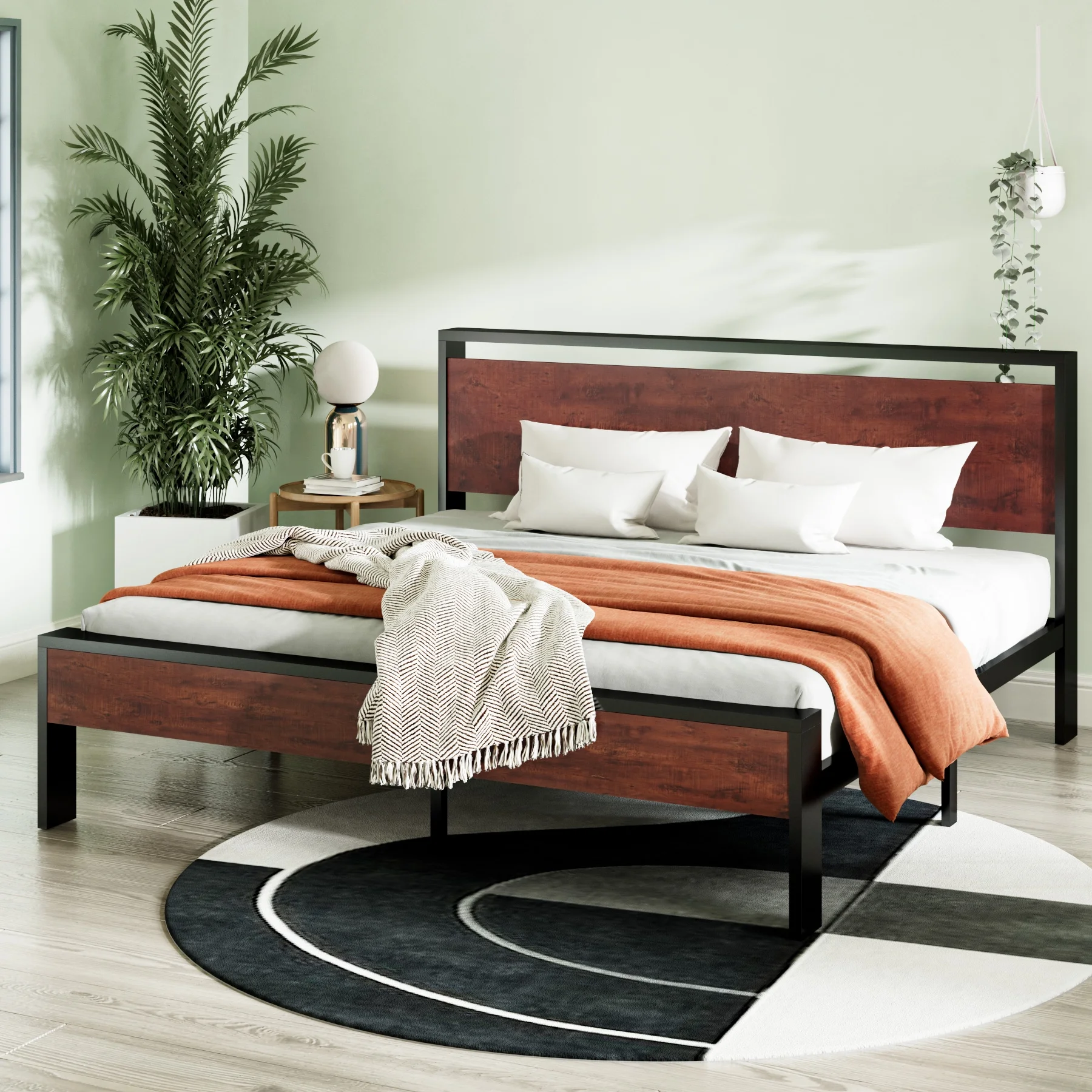 Einfach King Size Wood Bed Frame with Headboard, Mahogany