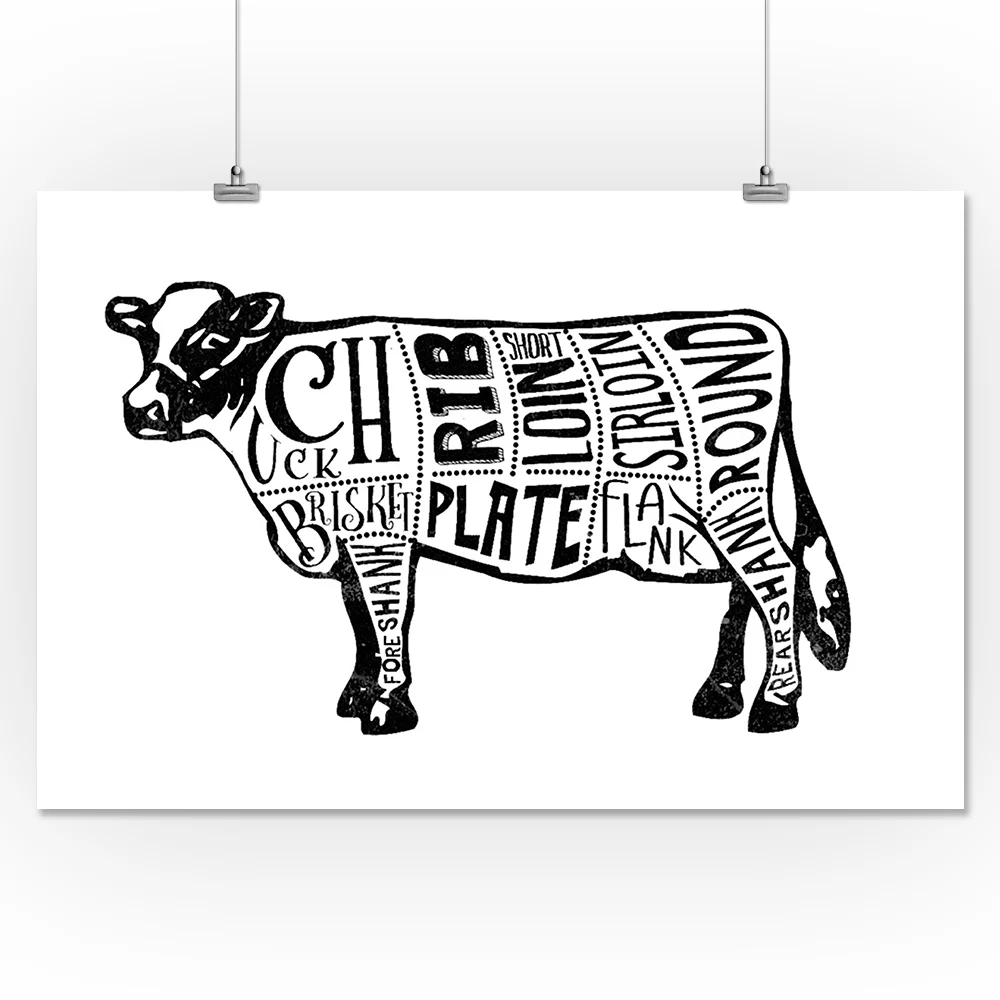 Beef, Butchers Block Meat Cuts, Black Cow on White