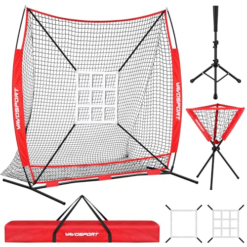 7x7' Baseball & Softball Net for Batting Pitching Hitting - Large Ball Collection System, Portable Baseball Training Equipment with Strike Zone, Tee, Ball Caddy, for Adult Sport,Youth Practice