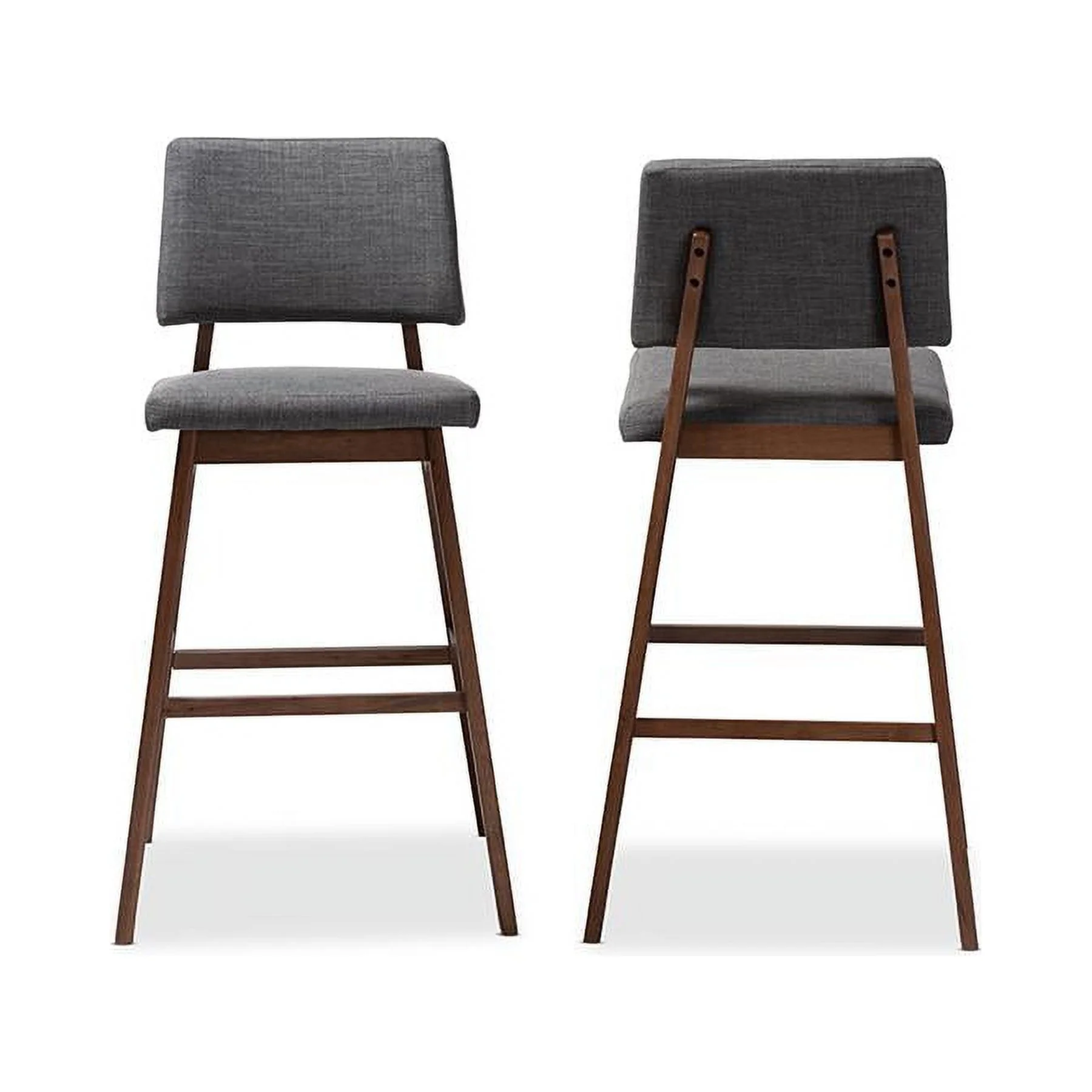 Baxton Studio Colton Mid-Century Modern Dark Gray Fabric Upholstered and Walnut-Finished Wood Bar Stool Set of 2