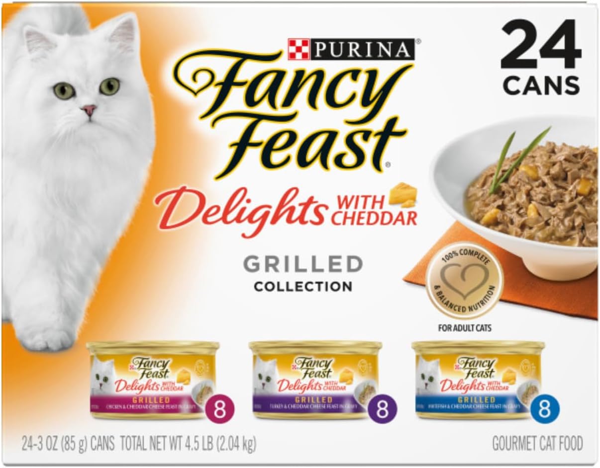 Fancy Feast PURINA Delights with Cheddar Grilled Collection Wet Cat Food Variety Pack, 3 OZ Cans, 24 CT