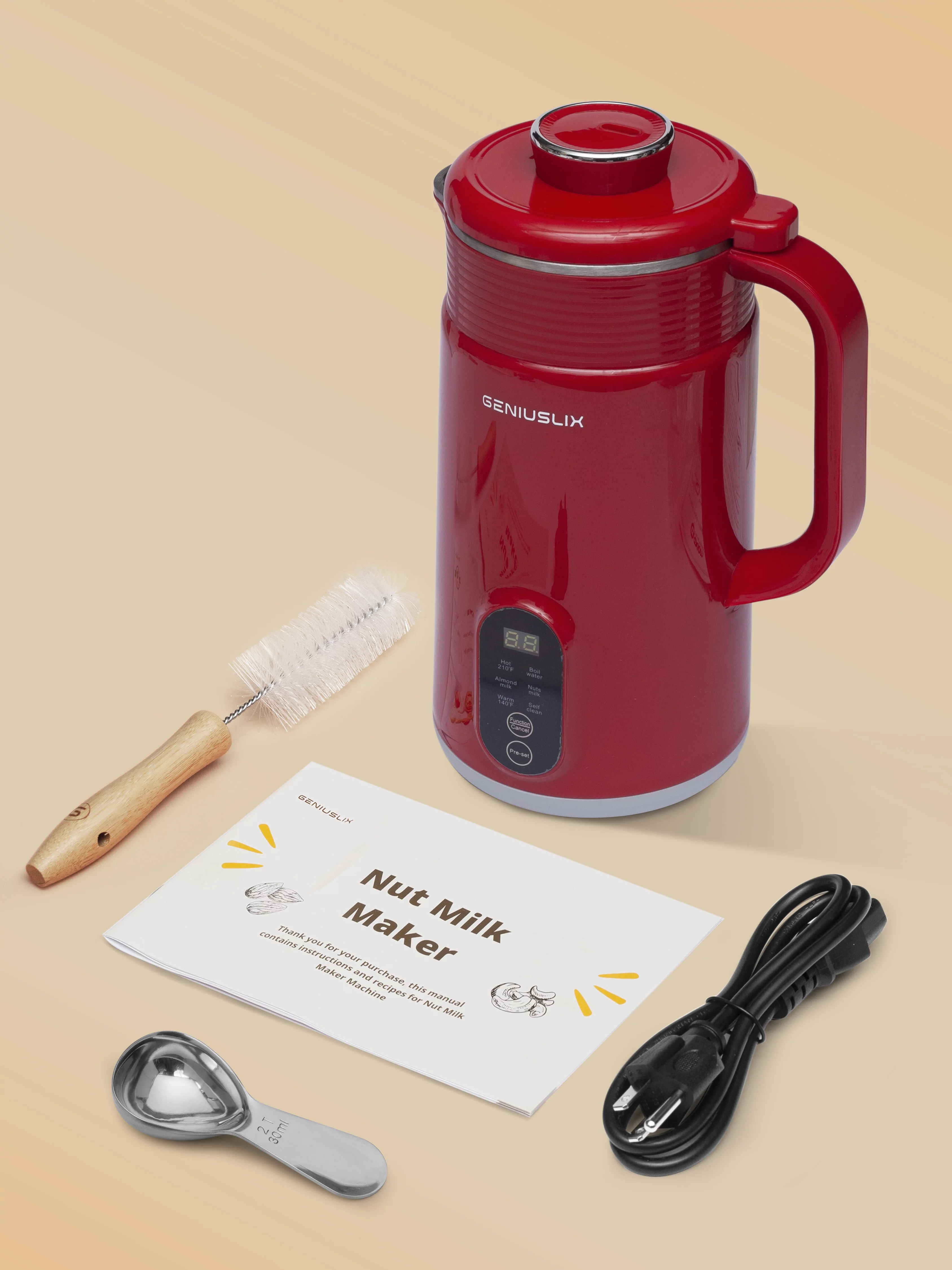 Geniuslix Automatic Vegan Nut Milk Maker Machine - Auto Clean & Temperature Control Plant Based Blender - Stainless Steel, Non-Dairy Beverages - Oat/Coconut/Soy/Cashew/Almond Milk Machine with Recipe