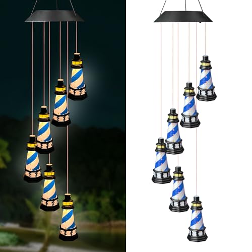Lighthouse Wind Chimes Outdoors Solar Hanging Lighthouse Decorative Outdoor Lighthouse Solar Lighthouse Windchime（Blue）
