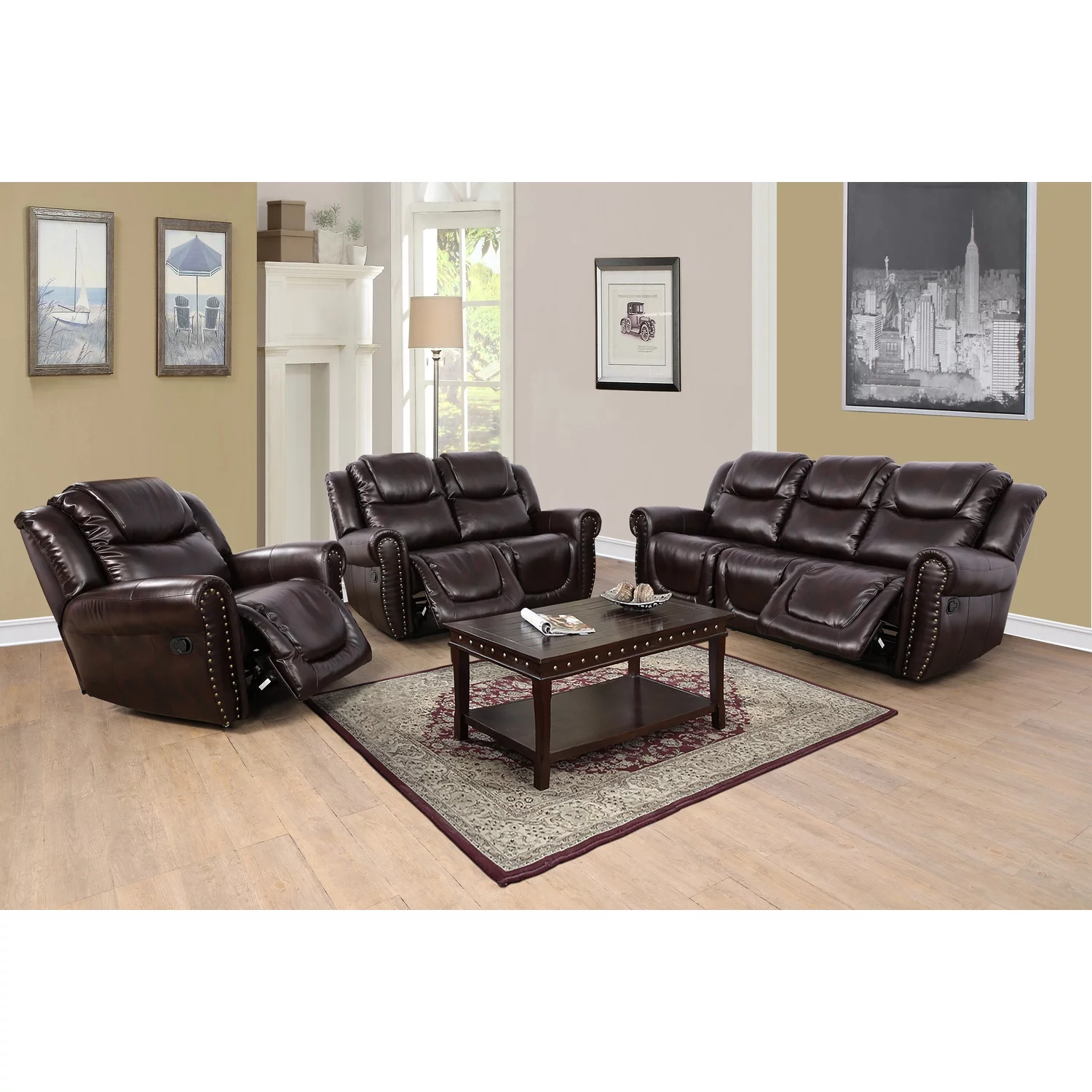 Lifestyle Furniture Bonded Leather Sectional sofa set with sofa,loveseat and chair,for Living Room, Apartment, Studio, Office (Espresso)