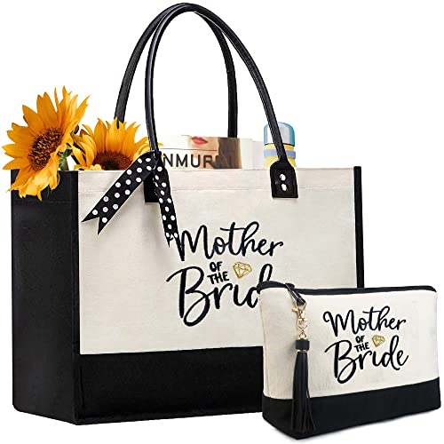 BeeGreen Mother's Day Gifts Personalized Women's Large White and Black Canvas Tote Bag, Embroidered Initials, Leather Handle, Zipper Closure