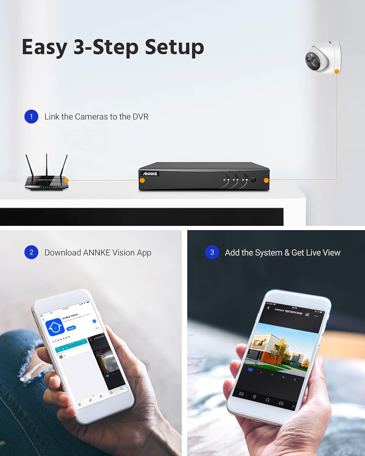 ANNKE CCTV Camera System 8 Channel 5MP 5-in-1 H.265+ DVR and 8 x 1080P HD Weatherproof Dome Cameras, PIR Detection, White Light Alarm, Email Alert with Snapshots, 1 TB Hard Drive – E200