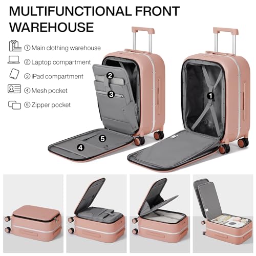 mixi Carry On Luggage, 20'' Suitcase with Front Laptop Pocket, Travel Rolling Luggage Aluminum Frame PC Hardside with Spinner Wheels & TSA Lock and Cover - Smoke White