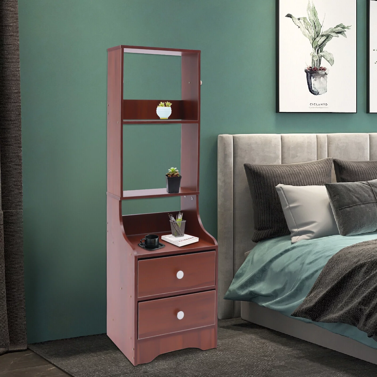 Fichiouy Nightstand Tall Bed End Table Bedside Table with 2 Drawers&3 Tier Storage Shelves Wood