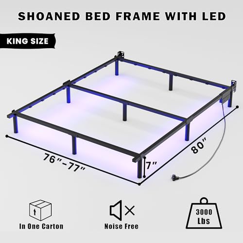 Full Size Bed Frame with LED, 7 Inch Metal Steel Bedframe for Box Spring and Mattress, Heavy Duty Basics Bed Base, Noise Free, Easy Assembly, Black, Adjustable