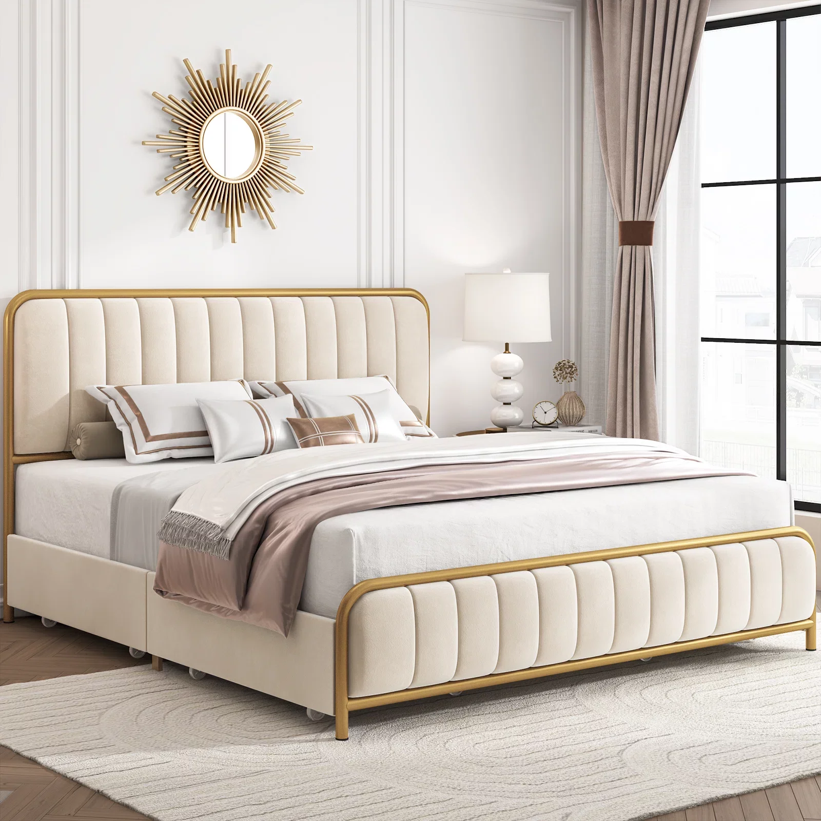 Homfa King Size 4 Drawers Storage Bed Frame, Gold Platform Bed with Tufted Upholstered Headboard, Beige