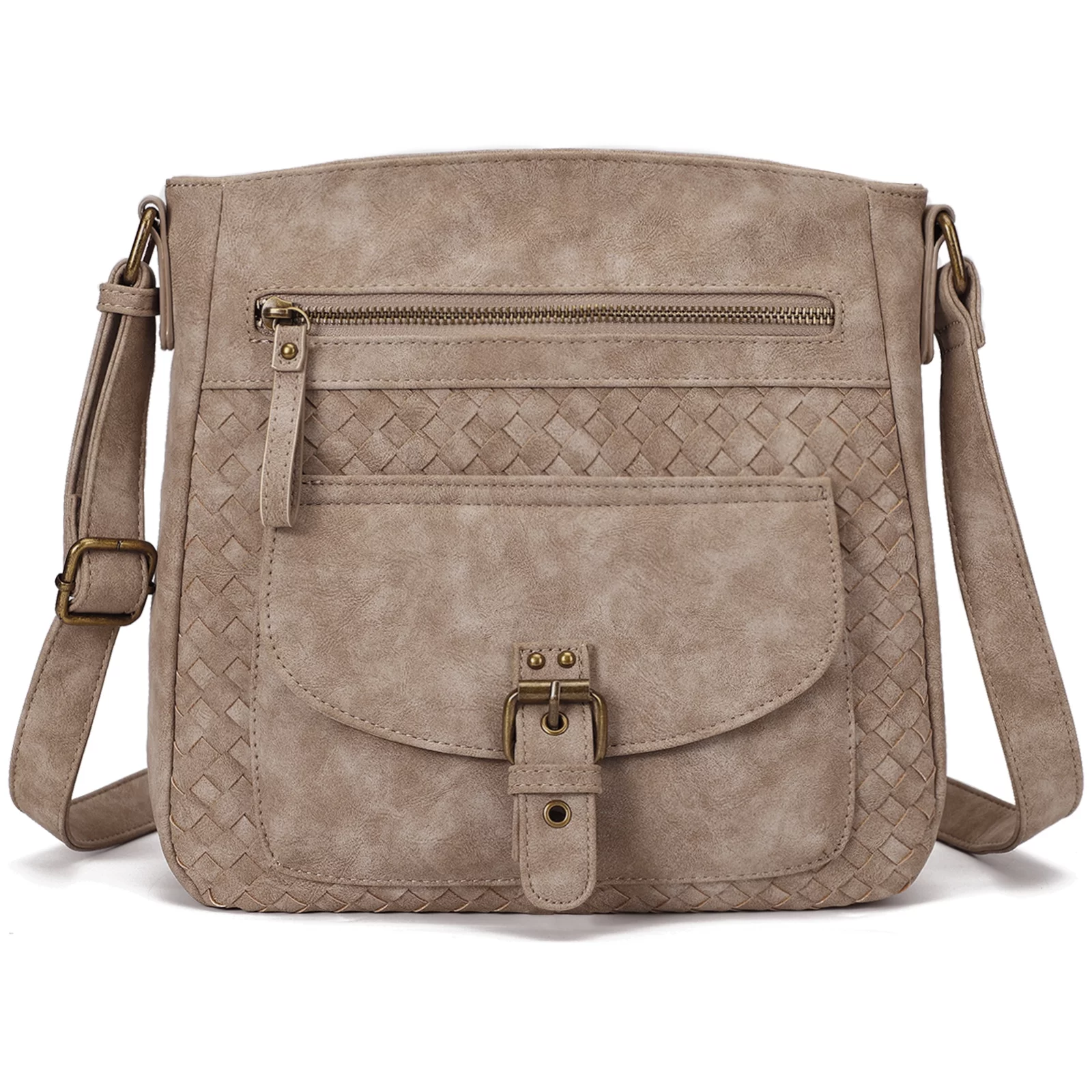 KouLi Buir Large Crossbody Bags for Women Straw Weaving Design PU Leather Shoulder Handbags-Khaki