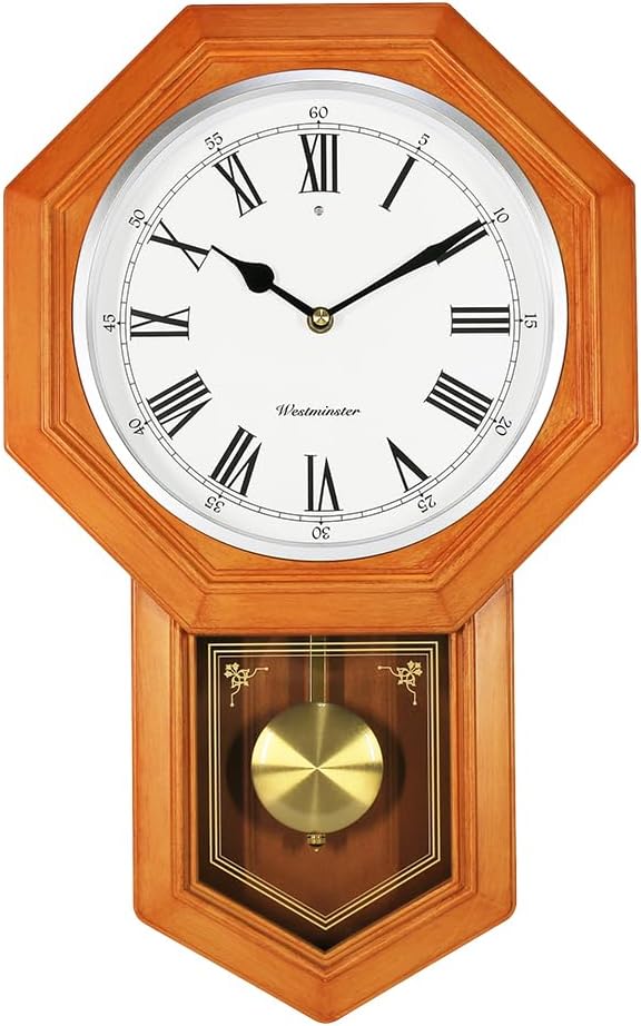 BESTIME 66236A PLASTIC Pendulum Clock Wood Grain Color.Sturdy Frame.Westminster Chime Every Hour,Elegant,Traditional Schoolhouse,Home,Office,Living Room,Bedroom.