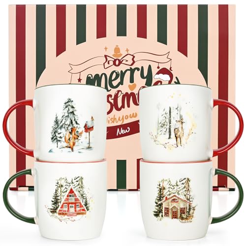 Cabtnca Christmas Mugs Set of 4, Holidays Mugs Gifts, Xmas Mug Gift for Kids, Xmas Decor, Marry Christmas Gifts for Women, 11Oz