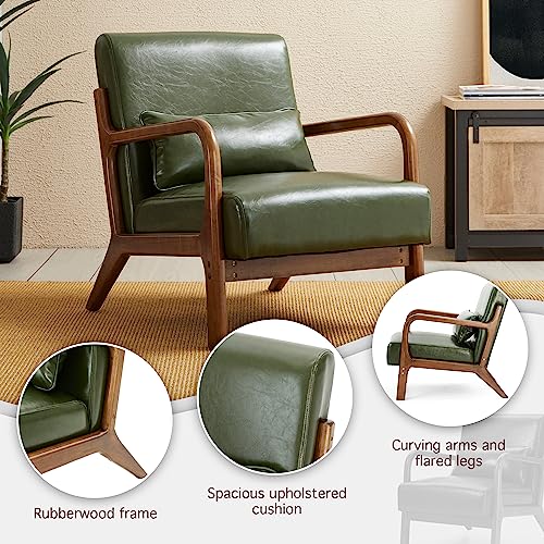 Glitzhome 2 Set Mid Century Black Accent Armchair, Single Reading Armchair PU Leather Lounge Chair with Walnut Ruberwood Frame