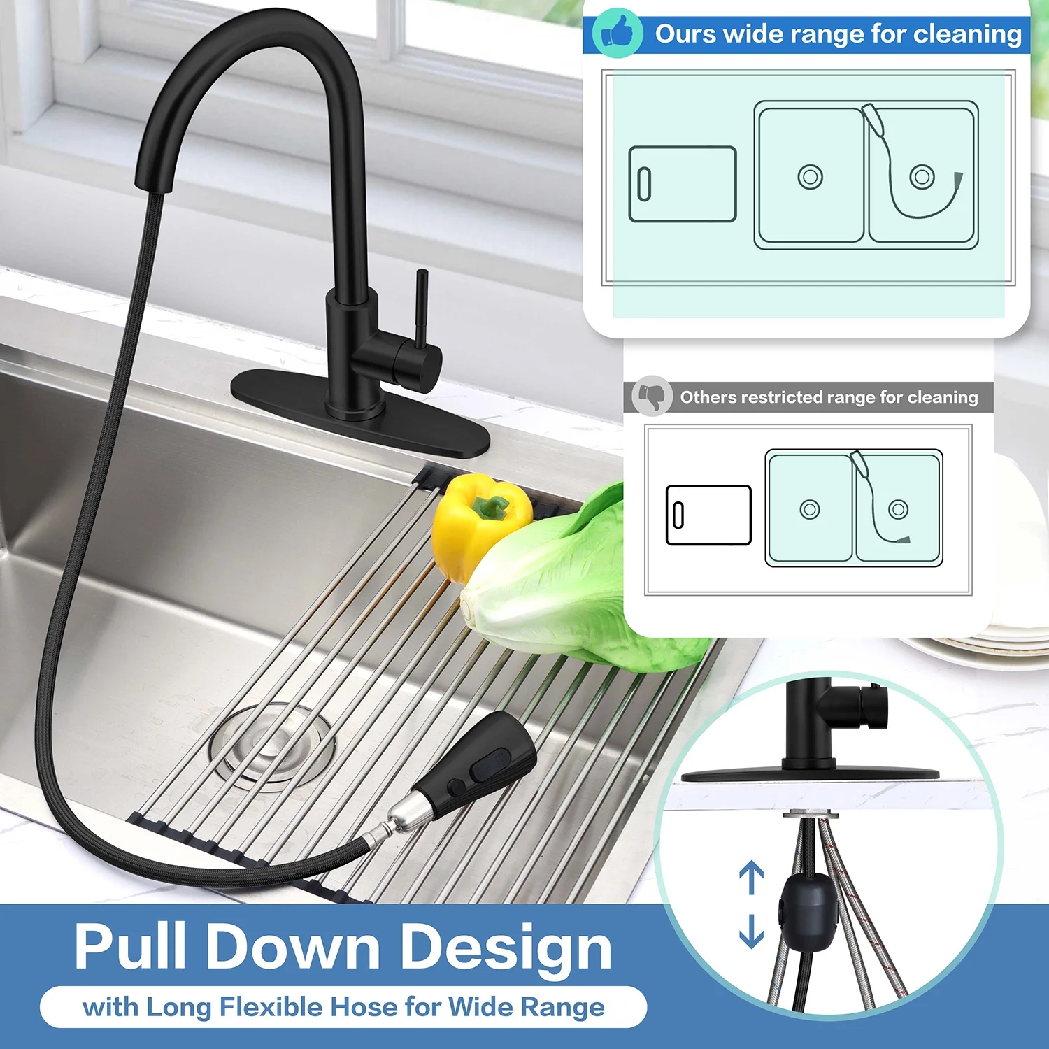 Vesteel Kitchen Sink Faucet with Pull Down Sprayer, 18/10 Stainless Steel Matte Black Kitchen Tall Water Faucet Brushed Nickel, Single Handle & Deck Plate