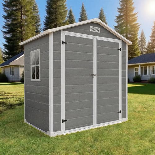 6x4 FT Outdoor Storage Resin Shed with Floor,Waterproof Plastic Garden Bike Shed with Lockable Door, Sloped Roof, Vents & Windows, Easy Assembly Tool Shed for Lawn, Backyard, Patio, Grey