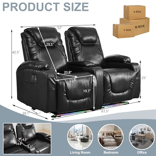 RV Reclining Loveseat Recliner Wall Hugger Recliners RV Theater Seating Seats Theater Chair Theater Recliner Sofa Love Seat with LED Light/USB/Type C/Cup Holders,Power Recliner Chair (Blue, 62)