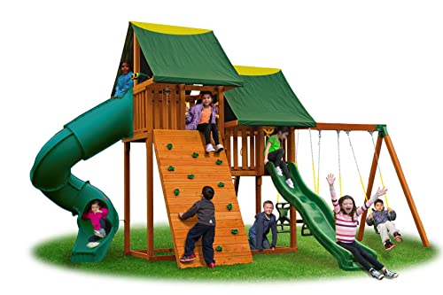 Sky Solid Cedar Wood Swing Set | Jungle Gym with Clubhouses, Rock Wall, Spiral Slide, Bottom Clubhouse, Wooden Step Ladder, Swings, and Accessories | Easy Assembly | Kids Playhouse | 1,250lbs - #5