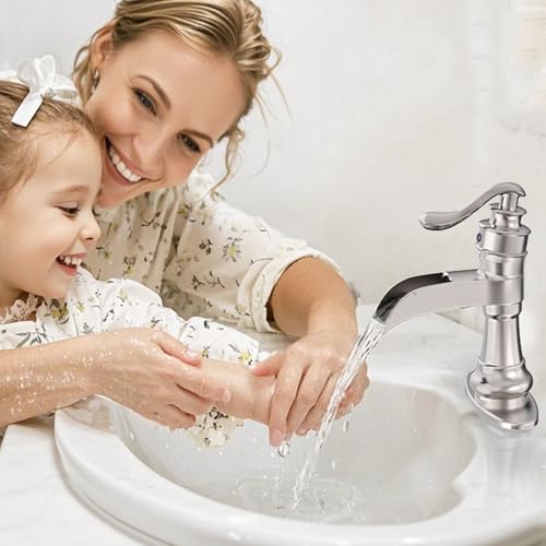 Vessel Sink Faucet, Oil Rubbed Bronze Black Bathroom Faucet, Farmhouse Waterfall Sink Faucet Single Hole with Pop Up Drain Assembly Without Overflow One Hole Mixer Tap Deck Mount